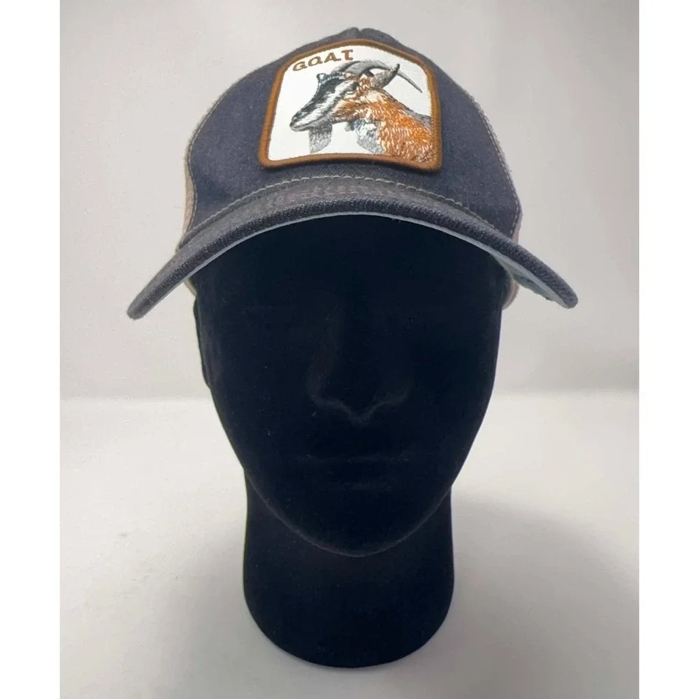 Goorin‎ Bros The Farm GOAT Trucker Hat Navy Blue Beige Mesh Denim Snapback Cap